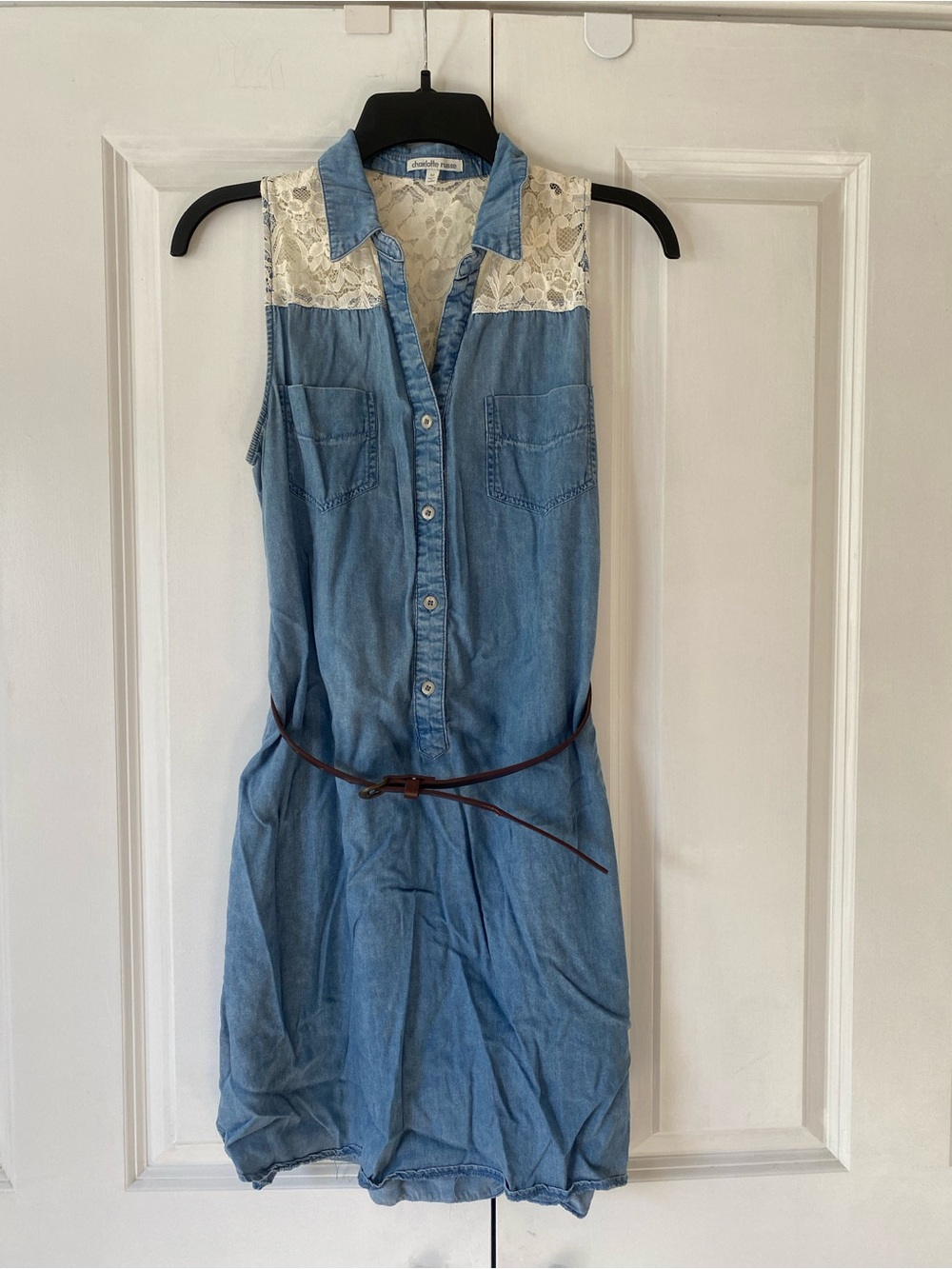 Sleeveless Chambray Shirt Dress with Lace Yoke - Light Blue